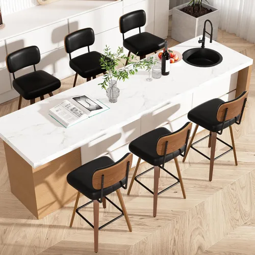 Miniatura 12 de Juego de 1 taburete de bar giratorio, taburetes de bar tapizados de 26" de altura para encimera con respaldo de nogal y patas de madera curvada