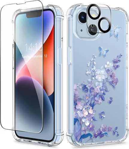 Miniatura 77 de GVIEWIN Funda diseñada para iPhone 13 de 6.1 pulgadas, con protector de pantalla de vidrio templado + protector de lente de cámara, flor Hibisco