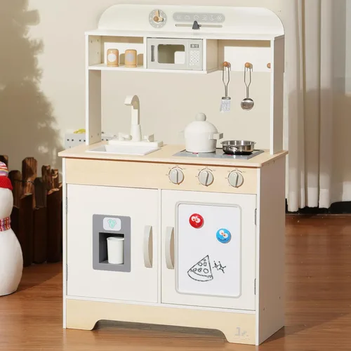 Miniatura 8 de SainSmart Jr. Cocina de madera de juguete para niños - Juego de cocina de jugar premium para niños pequeños - Incluye estufa, refrigerador y Blanco