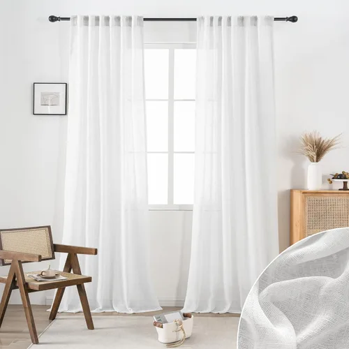 Miniatura 20 de Cortinas de lino transparente color crema de 96 pulgadas de largo para sala de estar, 2 paneles con bolsillo con pestaña trasera, suaves, naturales