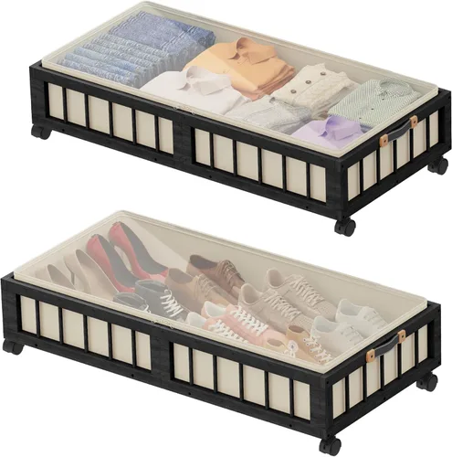 Miniatura 8 de efluky Paquete de 2 contenedores de almacenamiento de bambú debajo de la cama con ruedas, cesta de almacenamiento de ropa debajo de la cama