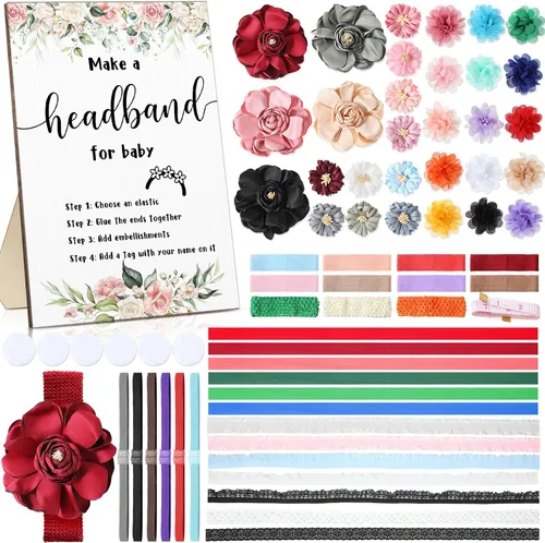 Miniatura 11 de Geosar Kit de diadema para baby shower, incluye letrero de madera con 60 cintas elásticas de flores bonitas, 10 telas redondas con cinta