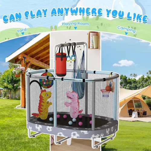 Miniatura 2 de LAMERGE Trampolín redondo 7 en 1 de 55 pulgadas para niños y niñas de 1 a 8 años, trampolín para interiores y exteriores para diversión, barandilla