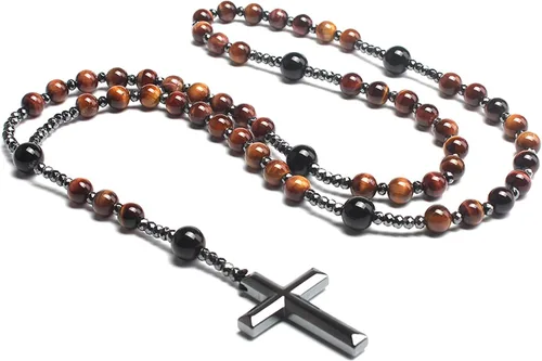 Rosary for Men, Cross Necklace for Men, Tiger Eye Black Obsidian Rosary Beads for Women, Rosarios Catolicos