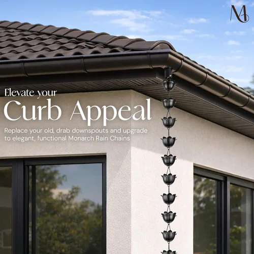 Miniatura 6 de Monarch Rain Chains Cadenas de lluvia de aluminio Lotus negras para canaletas – Cadena de lluvia decorativa negra de 8.5 pies para exteriores, Negro