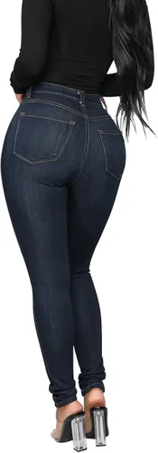 Miniatura 15 de KUNMI - Pantalones de mezclilla clásicos de cintura alta para mujer, elásticos, con efecto de levantamiento de glúteos, ajustados