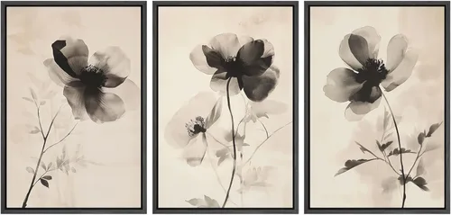 Miniatura 117 de SIGNWIN Lienzo enmarcado para pared, juego de arte de collage de hojas transparentes en blanco y negro, ilustraciones de naturaleza silvestre, arte