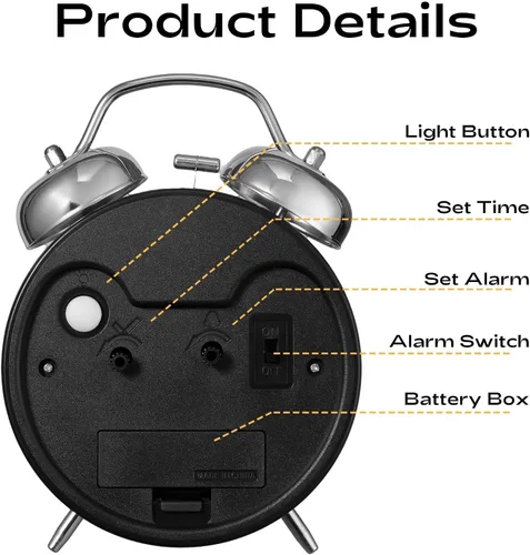 Miniatura 6 de AKCISOT - Reloj despertador de alarma fuerte para personas con sueño profundo, 11,43 cm de reloj analógico de campana doble de metal, funciona