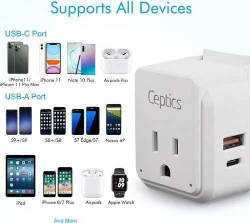 Miniatura 8 de Ceptics Adaptador de Enchufe de Corriente Internacional Juego de Viaje, 20W PD y QC, USB Dual Seguro y USB-C 3.1A - 2 Tomas de EE.UU. - Compacto