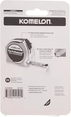 Miniatura 8 de Komelon 425IEHV Cinta métrica profesional de alta visibilidad con escala de pulgada e ingeniero, impresa 25 pies por 1 pulgada, cromada