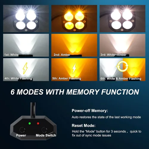 Miniatura 6 de 2 luces LED de trabajo de 3 pulgadas / 3 pulgadas, vainas estroboscópicas intermitentes de color blanco/ámbar con seis modos de luces antiniebla
