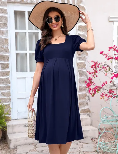 Miniatura 3 de MISSKY Vestidos de maternidad de manga corta para mujer, cuello cuadrado, fruncido, ropa de embarazo para uso diario o baby shower