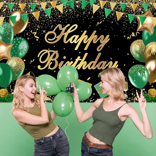 Miniatura 6 de Avezano Cartel verde de feliz cumpleaños verde dorado negro telón de fondo de feliz cumpleaños con purpurina decoración de fiesta de cumpleaños