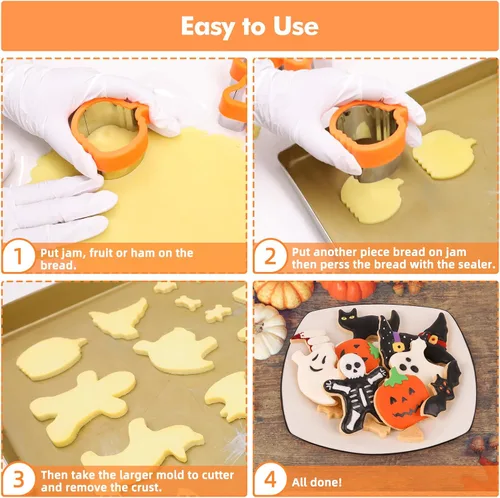 Miniatura 4 de NPET 10 cortadores de galletas de Halloween para el almuerzo de los niños, cortadores de sándwiches de almuerzo para niños sin cortar, mantequilla