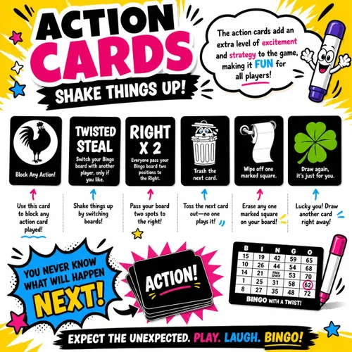 Miniatura 4 de Juego de Fiesta Bingo con un Giro, Bingo con Cartas de Acción, Giro Divertido, Cartas de Acción con Bloquear, Intercambiar y Robar, No Más Pelotas