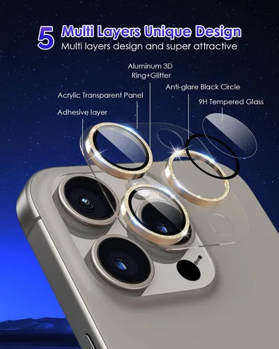 Miniatura 3 de Protector de lente de cámara con purpurina compatible con iPhone 15 Pro/iPhone 15 Pro Max, acrílico transparente más anillo de aleación de aluminio