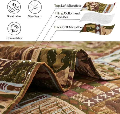 Miniatura 4 de Juego de edredón de oso de alce tamaño individual, juego de ropa de cama rústica de cabaña a cuadros, colcha reversible para el hogar, colcha