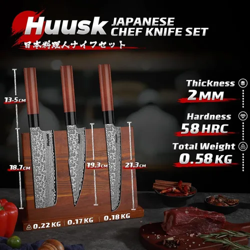Miniatura 6 de Huusk Juego de Cuchillos de Cocina Japonés - 3 piezas Cuchillo de Damasco VG10 forjado a mano, Cuchillo para deshuesar para cortar carne, Cuchillos