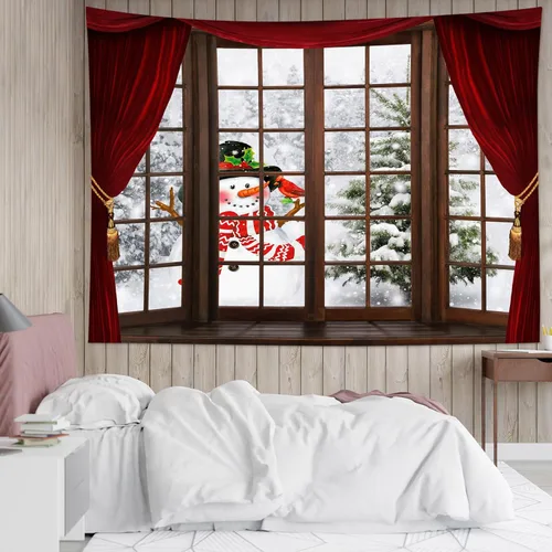 Miniatura 27 de HVEST Tapiz navideño de invierno para colgar en la pared, muñeco de nieve divertido con sombrero azul y tapices de regalo de Navidad, tapiz de pino