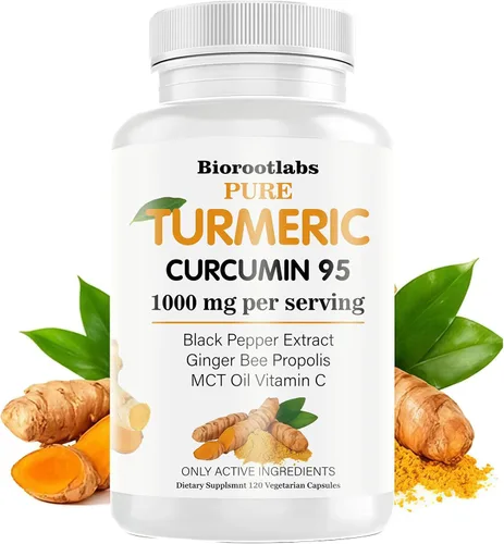 Biorootlabs Curcumina de cúrcuma | Suplemento de curcumina de cúrcuma pura de 1000 mg | 95% curcuminoides con propóleo de abeja, jengibre, aceite