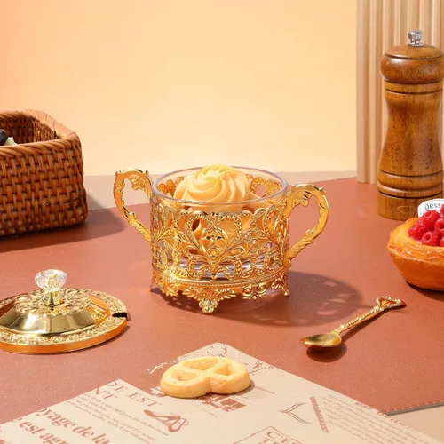 Miniatura 2 de Azucarero, 2 juegos de azucarero turco con tapa y cuchara, macetas de condimentos, caja de condimentos, tarro de cristal dorado en relieve