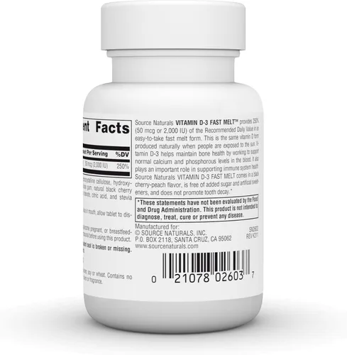 Miniatura 3 de Source Naturals Vitamina D-3 2000 iu apoya la salud ósea e inmunológica - Sabor melocotón cereza negra - 120 tabletas de fusión rápida