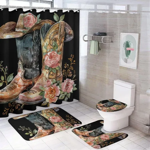 Miniatura 10 de Juego de 4 cortinas de ducha con gorro de bota con alfombras, cubierta para tapa de inodoro y tapete de baño, diseño de vaquero occidental