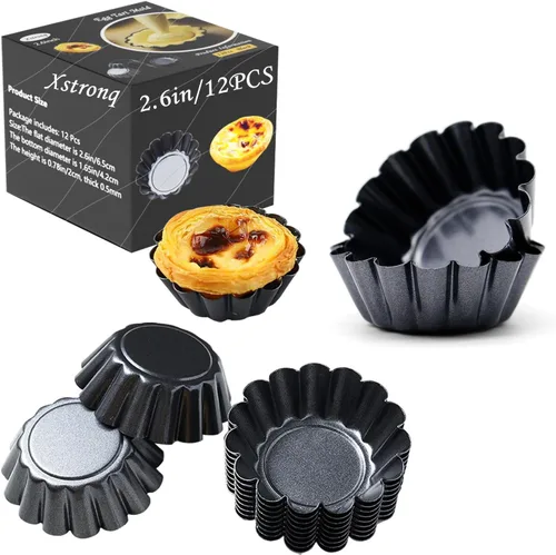 Moldes para tarta de huevo, 12 moldes para tartas de 2.6 pulgadas, mini sartenes antiadherentes de acero al carbono, moldes para hornear (2.6