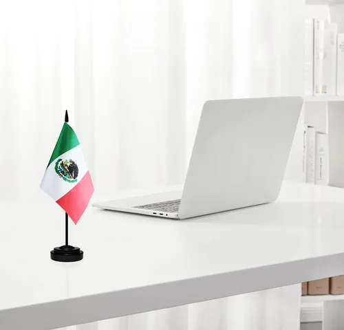 Miniatura 5 de Juego de banderas de escritorio de México, paquete de 2 banderas de mesa mexicanas, mini bandera de escritorio pequeña con poste negro sólido de 12