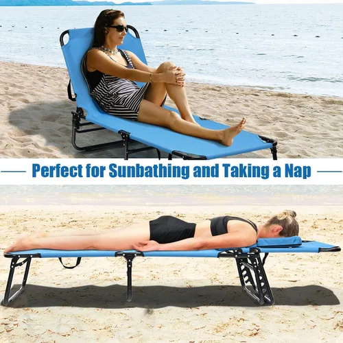 Miniatura 4 de Sillón plegable de playa con 5 respaldos ajustables y almohada acolchada, tumbona para tomar el sol, silla plana de bronceado para cubierta de Azul