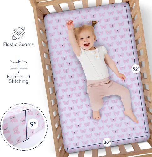 Miniatura 4 de GROW WILD Juego de 3 sábanas para cuna, suaves y elásticas, de algodón, para cuna, para niñas, lindas sábanas para bebé niña (corazones y flores)