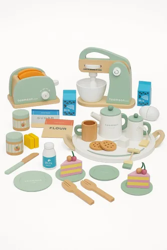 Teamson Kids Juego de accesorios de cocina de madera 3 en 1 Little Chef Frankfurt – Juego de tostadora de 11 piezas, juego de fiesta de té de 20