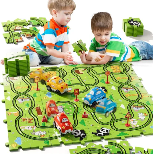 Miniatura 12 de Bennol Juego de Pistas de Autos de Carreras Rompecabezas de 56 Piezas Juguetes para Niños, Rompecabezas de Piso Pistas de Autos Regalos para Niños