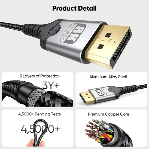Miniatura 6 de Cable USB C a DisplayPort 1.4 de 6.6 pies, Thunderbolt 3/4/5 a puerto de pantalla DP 8K @60Hz 4K @120Hz 2K a 180Hz 1080P @360Hz Cable unidireccional