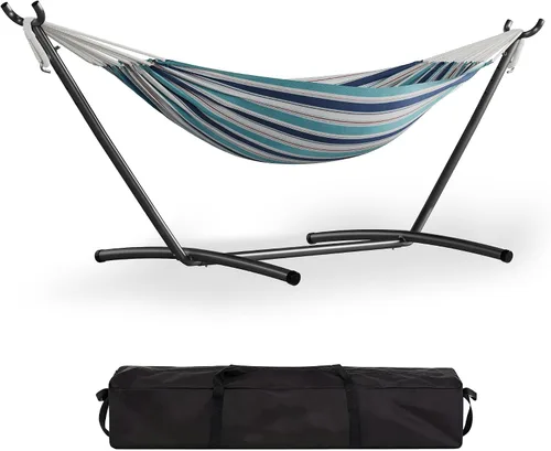 Miniatura 8 de GarveeLife Hamaca doble para 2 personas, hamaca de pie para interiores y exteriores con soporte de acero que ahorra espacio, bolsa de transporte