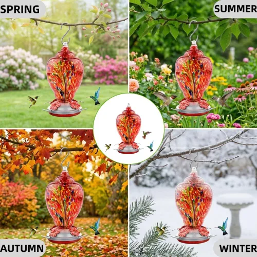 Miniatura 7 de WOSIBO Comedero para colibríes de exterior, grande, 32 onzas, diseño colorido de vidrio soplado, gancho para colgar, foso de hormigas, cuerda