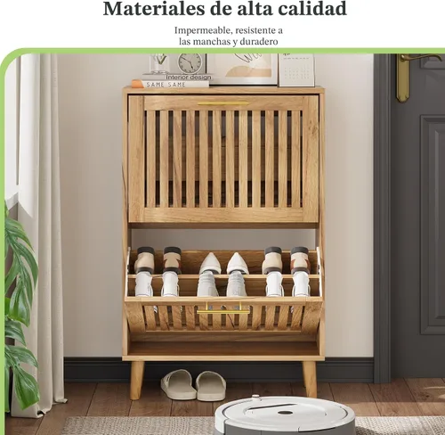 Miniatura 7 de Gabinete de almacenamiento de zapatos con 2 cajones abatibles con persianas, gabinete de almacenamiento de zapatos estrecho para entrada, gabinete
