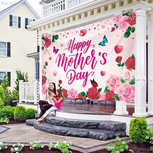 Miniatura 5 de KatchOn, Cartel de feliz día de la madre – XL, 72 x 44 pulgadas Decoraciones del día de la madre feliz para fiesta Telón de fondo rosa para Rosa