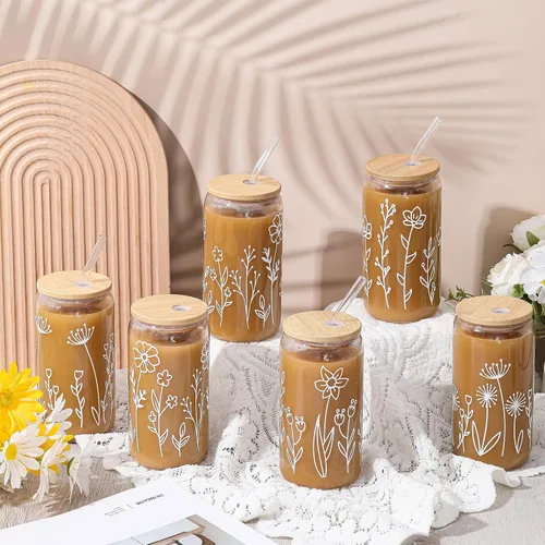 Miniatura 4 de Mumufy 6 Juegos de Tazas de Vidrio Florales Bohemias con Bolsa de Regalo Transparente de 16 onzas, Tazas de Café Helado Reutilizables con Flores