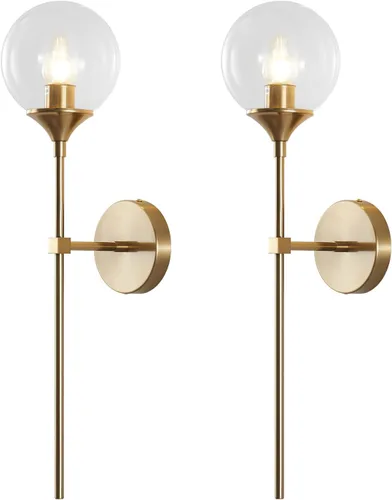 Miniatura 10 de KCO Mid-Century - Juego de 2 apliques de pared modernos con globo de vidrio ámbar con brazo largo, lámparas de pared industriales doradas