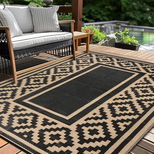 Miniatura 10 de Alfombra de paja de plástico para patio al aire libre, 5 x 8 pies, impermeable, reversible, alfombra de área, patio, caravana, porche, balcón, Azul