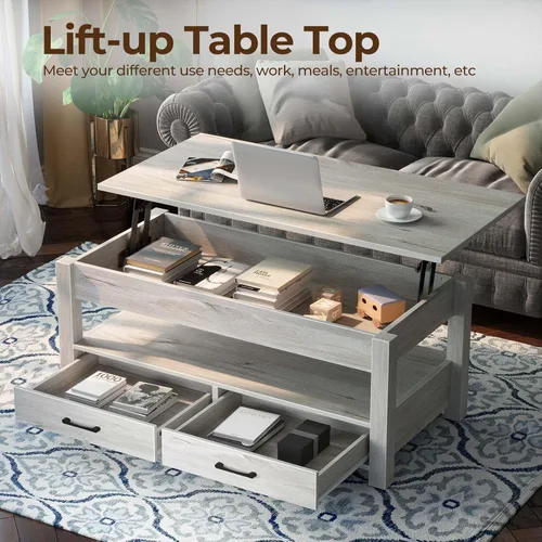 Miniatura 4 de Rolanstar - Mesa auxiliar, mesa de centro con cajones y compartimento oculto, mesa de sala de estar con tablero de elevación de madera, para sala