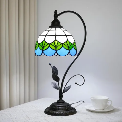 Miniatura 11 de Lámpara de mesa con base de hoja de metal de cristal de color azul de conchas estilo Tiffany, lámpara de mesa retro para dormitorio, sala de estar