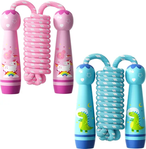 Miniatura 10 de Cuerda de saltar para niños, cuerda de saltar trenzada de algodón ajustable con mango de madera para niños pequeños, fitness, entrenamiento