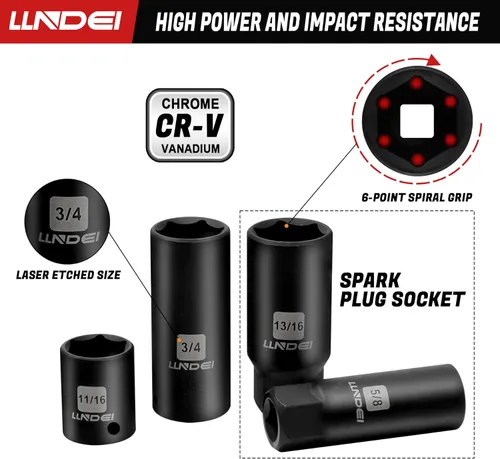 Miniatura 6 de LLNDEI Juego de llaves de impacto de 3/8", SAE estándar (5/16 a 3/4-pulgada) Tamaño métrico (8-22mm), 95 piezas, kit profundo y poco profundo