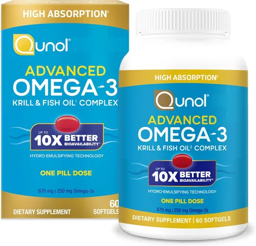 Qunol Complejo avanzado de krill y aceite de pescado Omega 3, 10 veces mejor biodisponibilidad, dosis de una píldora, 250 mg de EPA y DHA, apoya la