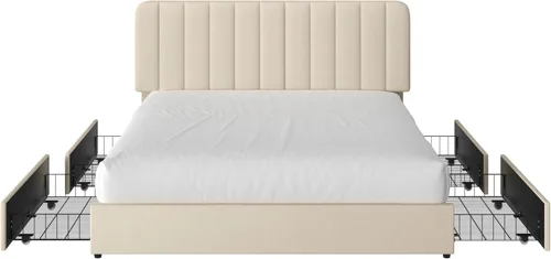 Miniatura 7 de VECELO Base de cama tapizada de tamaño matrimonial con 4 cajones y cabecero, plataforma de terciopelo, soporte de listones de madera, no necesita