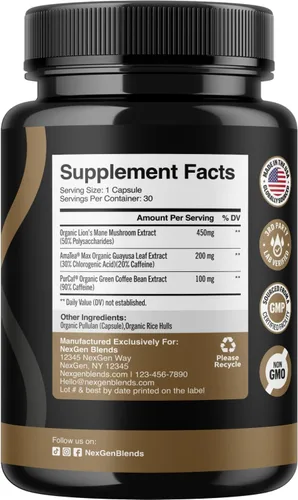 Miniatura 2 de Cápsulas de café de hongos 100% orgánicos, suplemento energético natural con 130 mg de cafeína de extracto de café verde y guayusa patentados