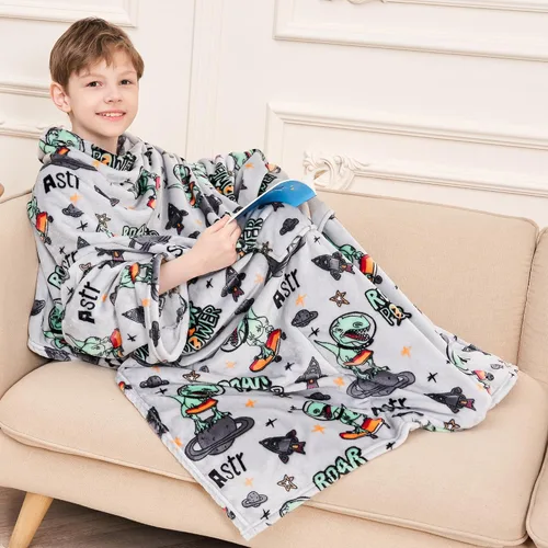 Miniatura 12 de Softan Manta de forro polar para niños con mangas y bolsillo para el pie para niños y niñas, manta ligera y suave, diseño de gato