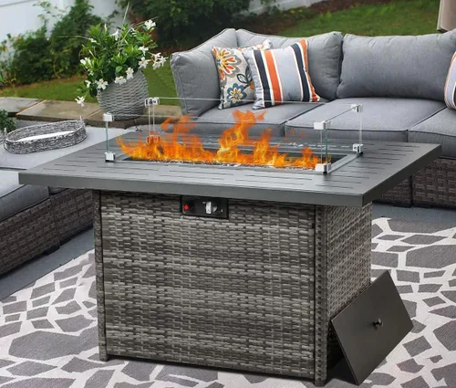 LayinSun Mesa para fogata de gas propano de 44 pulgadas, 55000 BTU rectangular con protector de viento de vidrio para patio exterior, terraza,